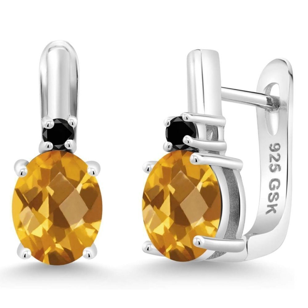 925 Sterling Silver with 3.33 Cttw Madeira Citrine and Black Diamond Earrings